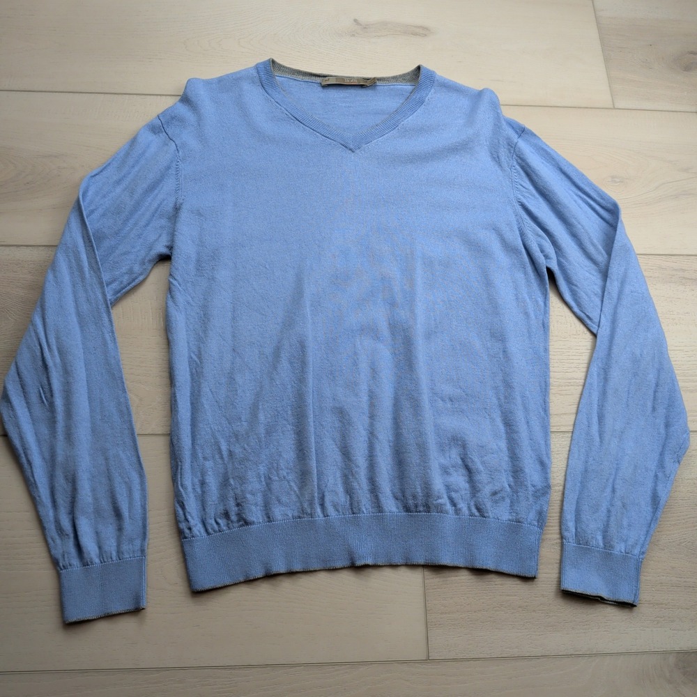 Raffi Cotton Cashmere Blend V-Neck Sweater Womens Large Blue